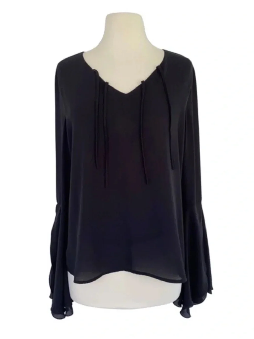 (13) Carmen Marc Valvo V Neck Split Bell Sleeve Blouse Black Medium - Picture 4 of 11